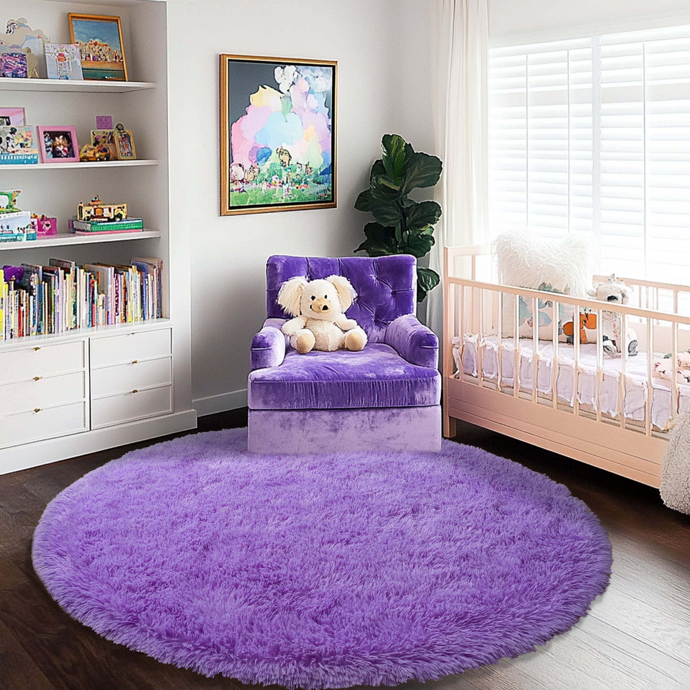 Socofuz 4x4ft Purple Fluffy Area Rugs, Soft Indoor Modern Round Carpets Perfect for Kid's Room, Cloakroom