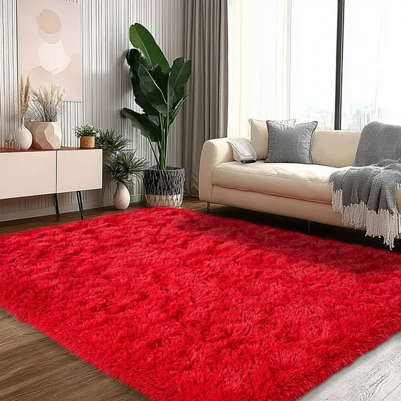 Socofuz 5x7ft Red Fluffy Rug, Indoor Ultra Soft Plush Rugs for Living Room, Non-Slip Carpet for Nursery Home Decor