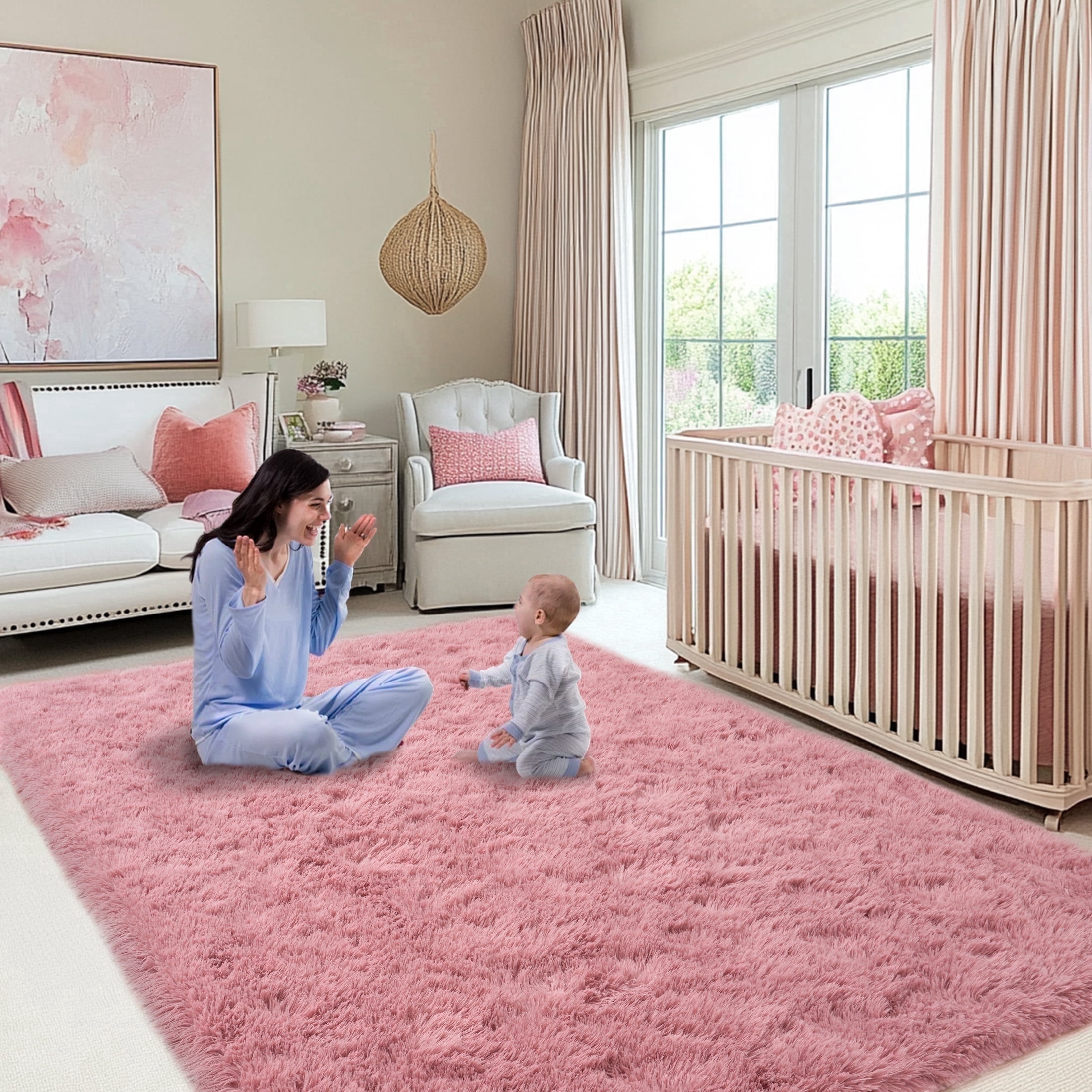 Socofuz 5x7ft Soft Pink Fluffy Rug for Living Room, Cute Shaggy Carpet for Kids Boys Girls Dorm Room Nursery Bedroom Home Decor