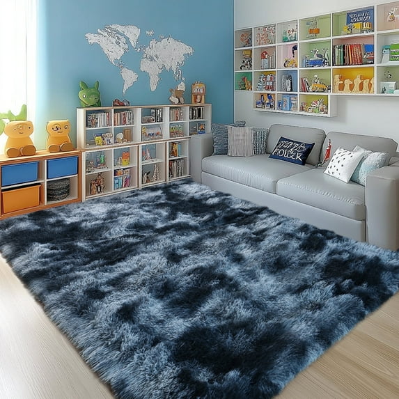 Socofuz 5x7ft Tie-dye Blue and Grey Fluffy Rug Non-Slip Plush Indoor Floor Bedside Area Rug for Living Room, Bedroom, Girls Kids Room, Nursery Home Decor