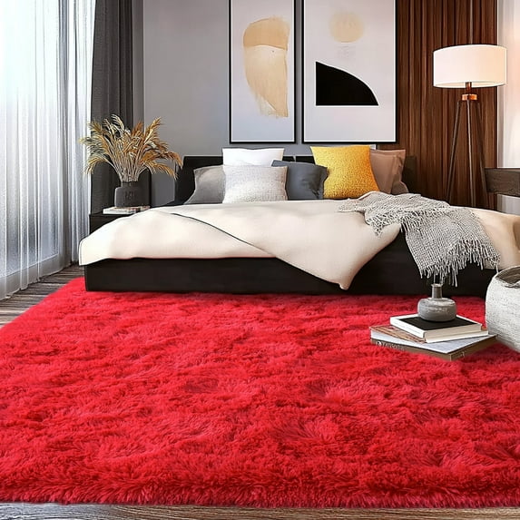 Socofuz 8'x10' Soft Fluffy Rug, Red Non-Slip Carpets for Living Room, Girls Kids Playroom, Classroom, Nursery