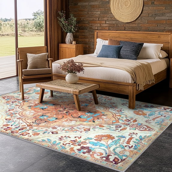 Socofuz 8x10 Living Room Rugs,Boho Non Slip Washable Bedroom Large Carpet, Indoor Rug,Vintage Orange