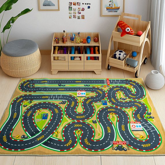 Socofuz Children's Educational Racing Game Rug 3'x4', Non-Slip Carpet, Racing Track Road Map Mat for Playroom Bedroom Boys