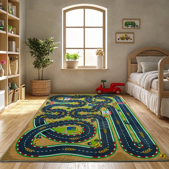 Socofuz Children's Track Road Map Activity Area Rug, 5'x7' Non-Slip Children's Carpet for Children's Bedrooms and Playrooms