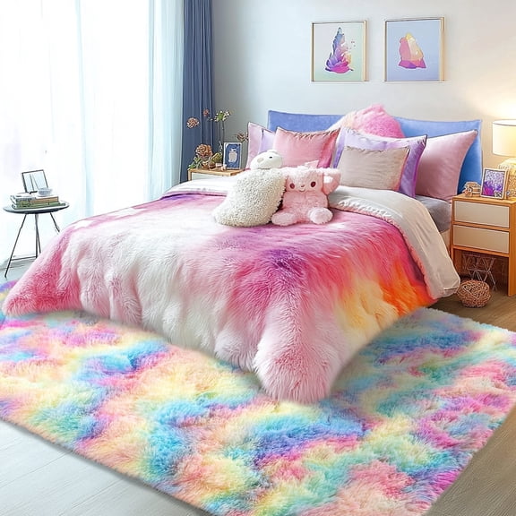 Socofuz Cute Fluffy Rug for Girls Room Nursery Playroom, Shag Carpet for Reading Nook, 8'X10' Tie-dyed Rainbow
