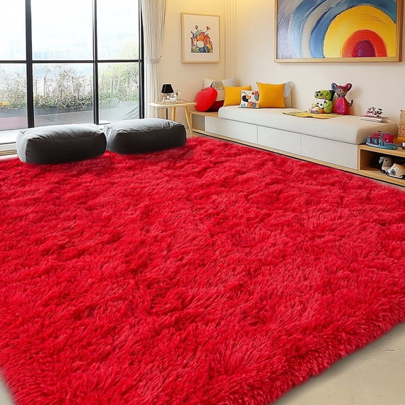 Socofuz Fluffy Carpets for Living Room, Indoor Modern Anti-Skid Area Rugs for Kids Girls Room, 6X9ft, Red