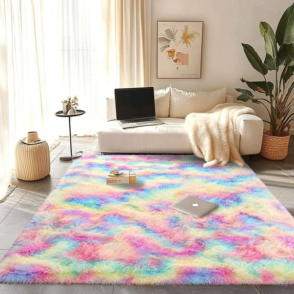 Socofuz Fluffy Rugs for Girls Bedroom, Kawaii Carpet for Kids Room, Teen Girls, Playroom, Nursery, Classroom, 6x9ft Tie Dye Rainbow