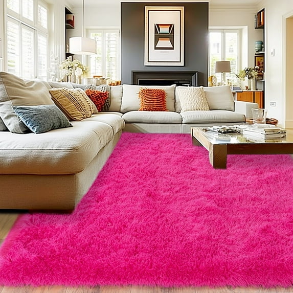 Socofuz Hot Pink Fluffy Rug - Soft Non-slip Carpet for Kids' Room, Living Room, and Modern Interior Decor 9×12ft