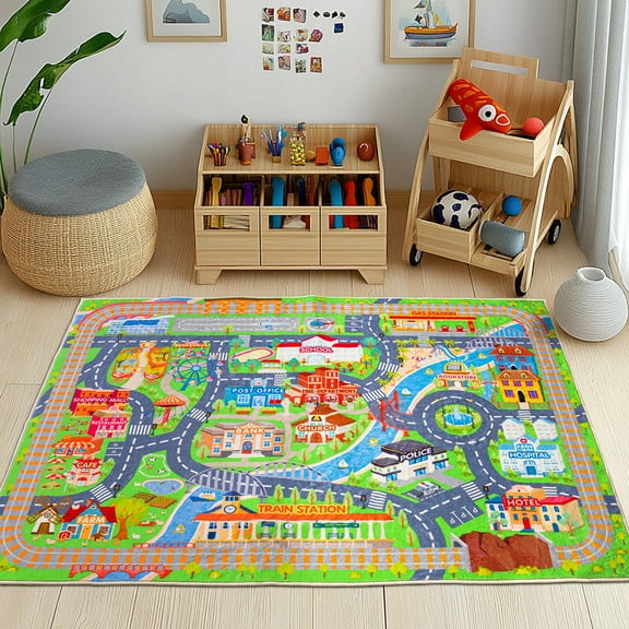 Socofuz Kids Car Play Rug for Playing, Toddler Car Track Play Mat Carpet, Children Area Rugs for Bedroom Playroom Nursery, 4'x5' City Life/Green
