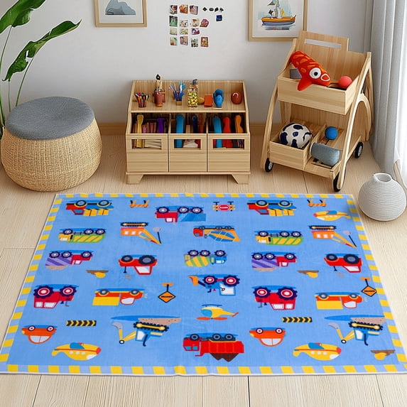 Socofuz Kids Learning & Game Rug Rug 3'x4', Non-Slip Carpet, Aircrafts Trucks Cars Rug for Children's Bedrooms and Playrooms