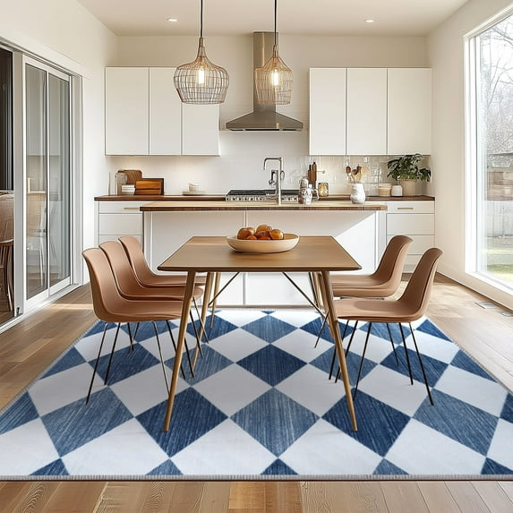 Socofuz Large Area Rugs for Living Room, Blue Geometric Diamond Carpet Machine Washable Non-slip, 8'x10'