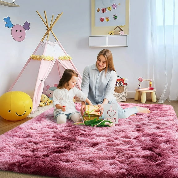 Socofuz Large Fluffy Rug, Super Soft Non Slip Carpet for Bedrooms, Girls, Children's Rooms, Nurseries, Dormitories, 8x10ft, Tie Dye Red