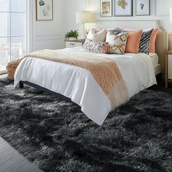 Socofuz Large Fluffy Rugs, 9x12ft Non-Slip Carpet for Teen's Room Nursery Room Home Decor,Tie-dye Black and Gray