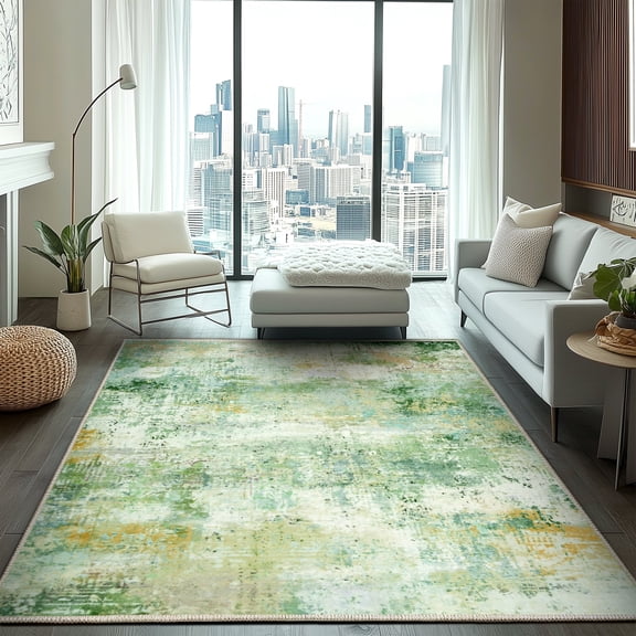Socofuz Modern Abstract Yellow Green Area Rug 4' x 6', Stain Resistant Machine Washable Carpet for Kitchen Dining Room Home Office