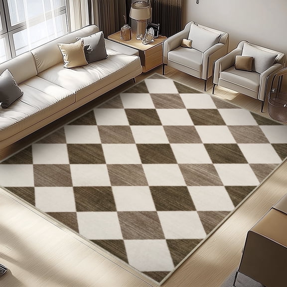 Socofuz Modern Checkered Rugs 6x9, Brown Geometric Diamond Area Rug, Soft Stain Resistant Carpet for Bedroom, Dining Room, Office