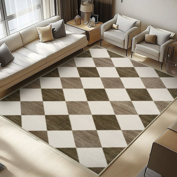 Socofuz Modern Checkered Rugs 6x9, Brown Geometric Diamond Area Rug, Soft Stain Resistant Carpet for Bedroom, Dining Room, Office