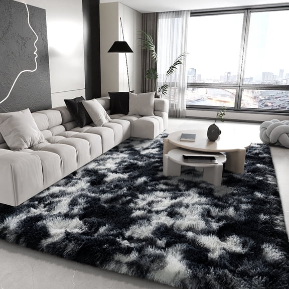 Socofuz Modern Soft Fluffy Carpet for Living Room, Shaggy Rug for Bedroom Nursery Room, 6'x9', Tie-dye Black and White