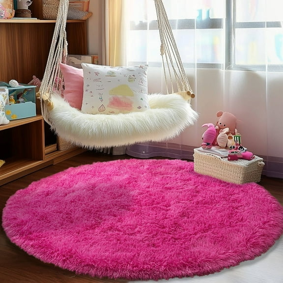 Socofuz Round Fluffy Rug, Rosy Red 5×5ft Washable Carpet - Plush Shaggy Non-Slip for Girl's Bedroom, Children's Room Nursery Bedroom
