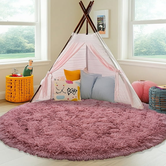 Socofuz Round Fluffy Rugs for Kids Girls Princess Castle, Cute Circle Nursery Carpet for Bedroom Living Room, 4'x4', Blush Pink