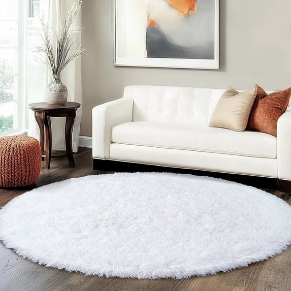 Socofuz Round White Fluffy Rug 4ft, Fuzzy Small Carpet for Living Room, Kids Girls Room