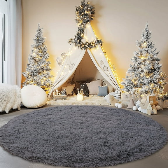 Socofuz Soft Dark Gray Rugs for Bedroom, 5x5ft Anti-Skid Durable Circle Modern Nursery Carpet for Home Decor