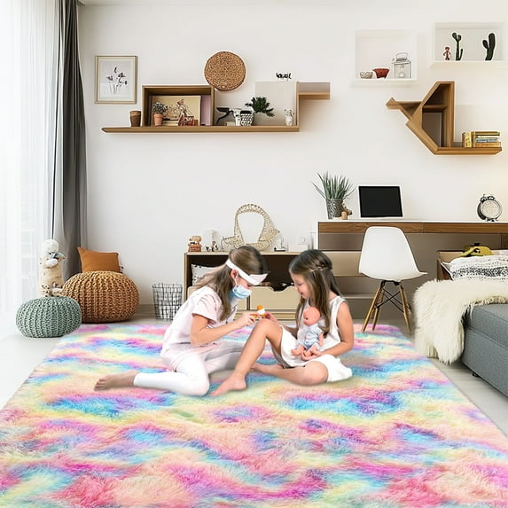 Socofuz Soft Fluffy Rugs for Girls Bedroom, Rainbow Kawaii Kids Carpets for Teens Dorm Aesthetic, Baby Princess Room, 5x7ft