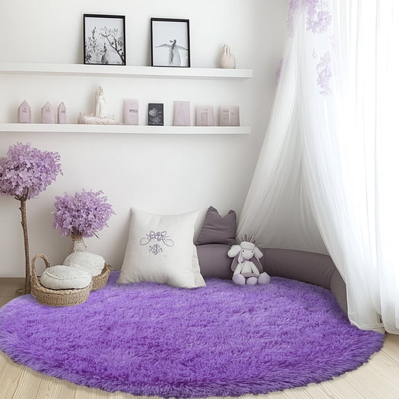 Socofuz Soft Round Indoor Modern Fluffy Rugs, Non-slip Carpets for Living Room Children Bedroom Home Decor Nursery Rug, 5' x 5',Purple