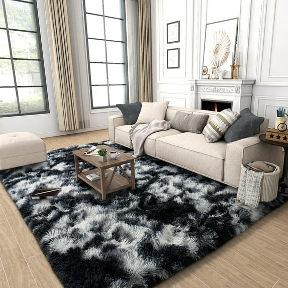 Socofuz Soft Washable Fluffy Rug, 5x7ft Black and White Shaggy Carpet for Bedroom Living Room Nursery