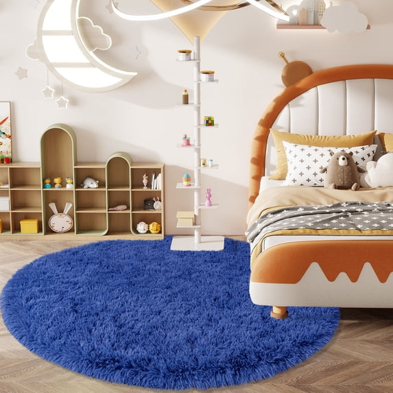 Socofuz Ultra Soft Fluffy Rugs for Bedroom, 5x5ft Blue Anti-Skid Durable Circle Modern Play Room Carpet for Home Decor