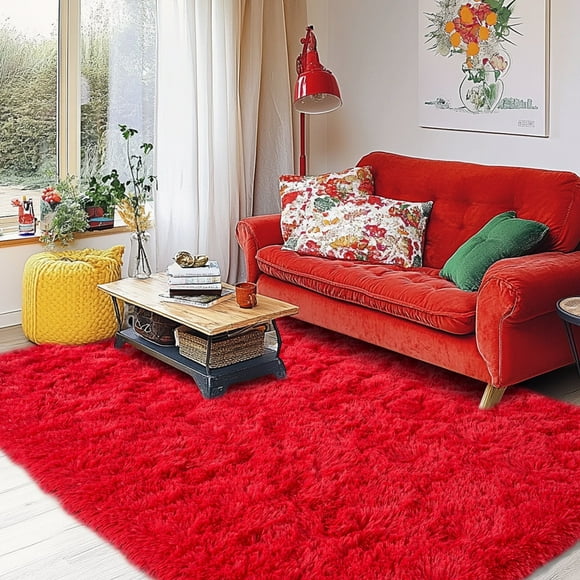 Socofuz Ultra Soft Indoor Modern Area Rugs Fluffy Living Room Carpets for Children Bedroom Home Decor Nursery Rug , 4x6ft Red