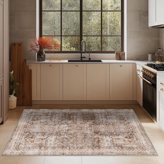 Socofuz Vintage Print Area Rug, Washable Floor Carpet Suitable for Bedroom, Living Room, Floor room, Dining room, Light Brown, 5' x 7'