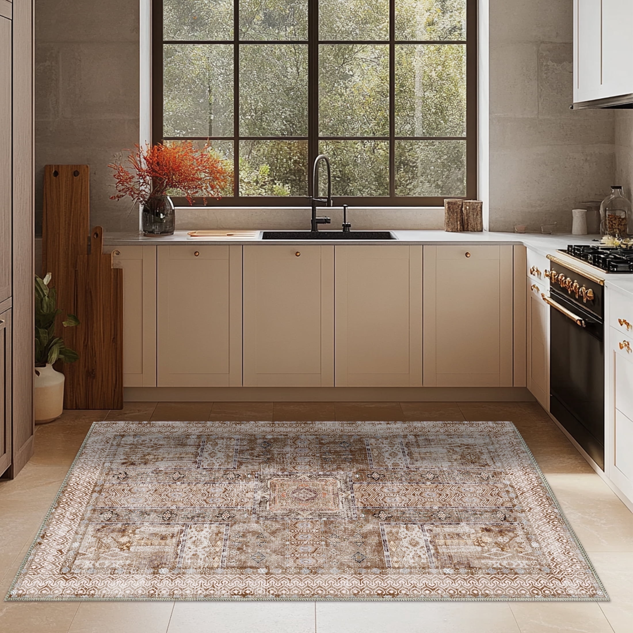 Socofuz Vintage Print Area Rug, Washable Floor Carpet Suitable for Bedroom, Living Room, Floor room, Dining room, Light Brown, 5' x 7'