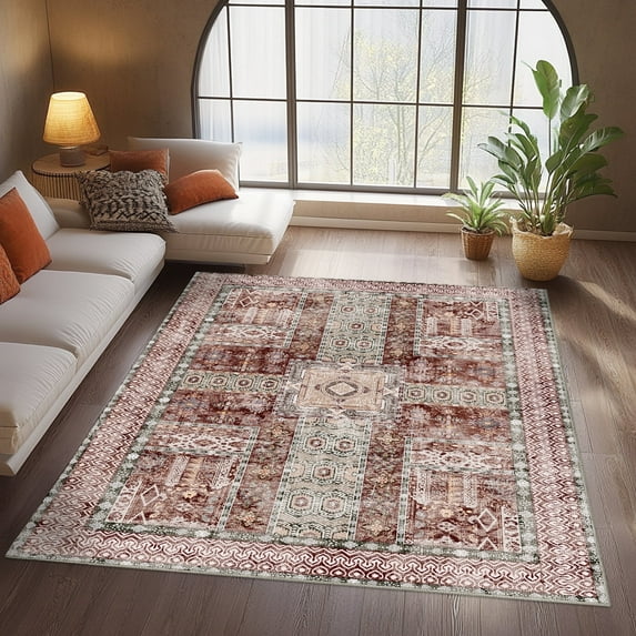 Socofuz Washable Area Rug, Non-Slip Floor Carpet Vintage Pattern Rug for Living Room, Den, Bedroom, Kids Room, Rusty Red, 4' X 6'