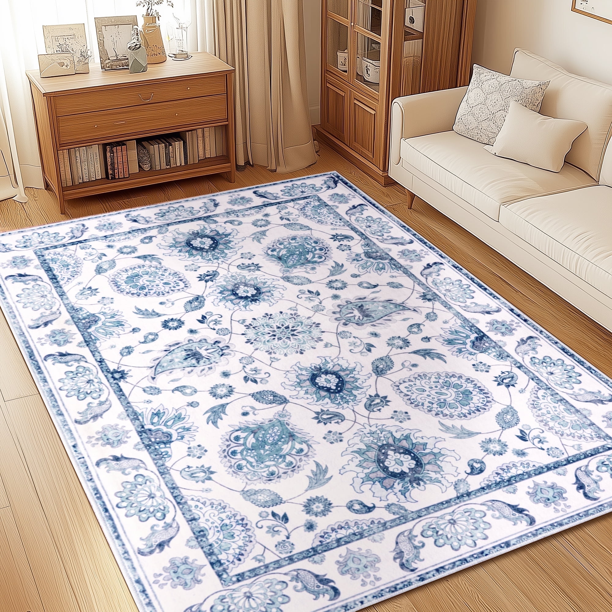 Blue and White Chenille 5' x 7' Washable Area Rug