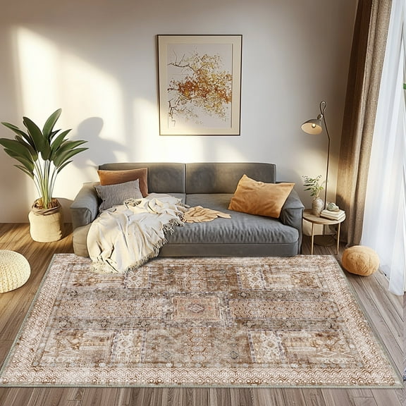 Socofuz Washable Area Rug, Vintage Pattern, Non-Slip Floor Carpet, 4' x 6', Brown