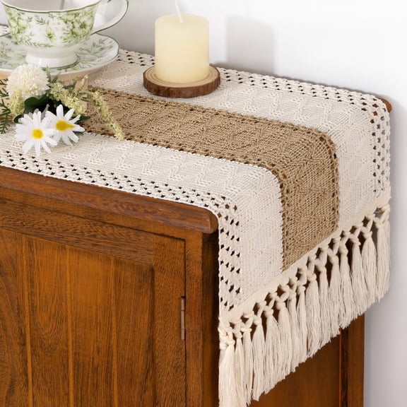 Socomi Boho Table Runner Fall Thanksgiving Farmhouse Burlap Jute Bamboo Rustic Dining Kitchen Centerpiece Decor Small Macrame Woven Coffee Table Runner for Dresser Scarf Home Decor 12x72 inch