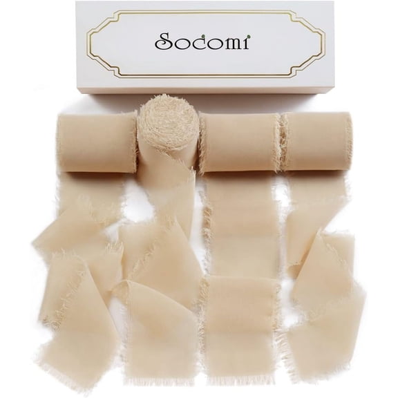 Socomi Champagne Chiffon Ribbon Fringe Sample Color Swatches 1-3/4" x 7Yd, 4 Rolls Handmade Ribbons for Wedding Invitations Bouquets Backdrop Decorations
