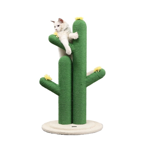 THE LICKER STORE Socorro 34.25" Modern Jute Double-Cactus Cat Scratching Post with Flower Toys, Green/White, CTR1005A