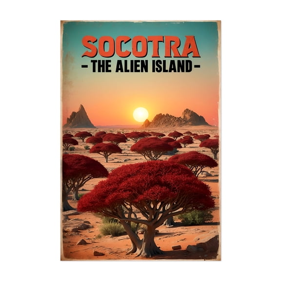 Socotra Island Vintage Travel Poster – Land of Alien Trees - Socotra Yemen Illustration Travel Poster Desert Surrealism Nature Landscape Vintage Poster Sunset Unframed Wall Art Print 24 x 36 inches