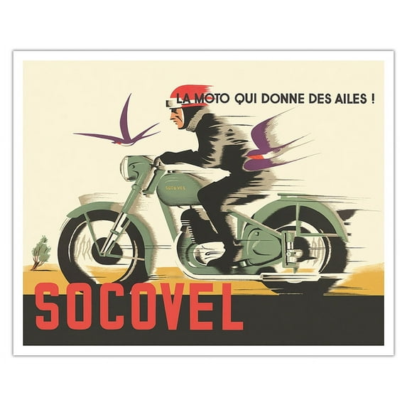 Socovel Motorcycles - The Moto Gives You Wings (La Moto Qui Donne Ailes) - Vintage Advertising Poster by Guy Georget c.1940 - Fine Art Matte Paper Print (Unframed) 16x20in