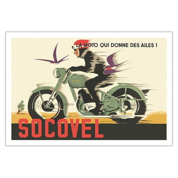 Socovel Motorcycles - The Moto Gives You Wings (La Moto Qui Donne Ailes) - Vintage Advertising Poster by Guy Georget c.1940 - Fine Art Matte Paper Print (Unframed) 30x44in