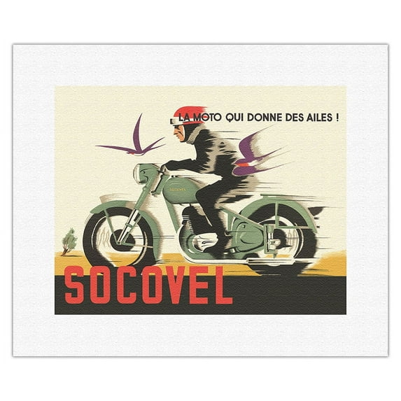Socovel Motorcycles - The Moto Gives You Wings (La Moto Qui Donne Ailes) - Vintage Advertising Poster by Guy Georget c.1940 - Fine Art Rolled Canvas Print 11in x 14in