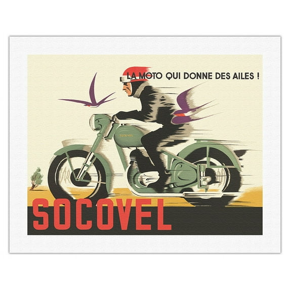 Socovel Motorcycles - The Moto Gives You Wings (La Moto Qui Donne Ailes) - Vintage Advertising Poster by Guy Georget c.1940 - Fine Art Rolled Canvas Print 20in x 26in