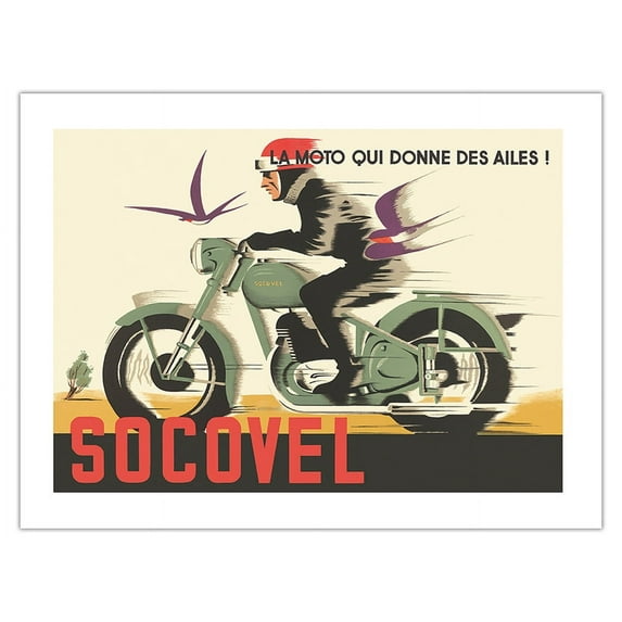 Socovel Motorcycles - The Moto Gives You Wings (La Moto Qui Donne Ailes) - Vintage Advertising Poster by Guy Georget c.1940 - Fine Art Matte Paper Print (Unframed) 18x24in
