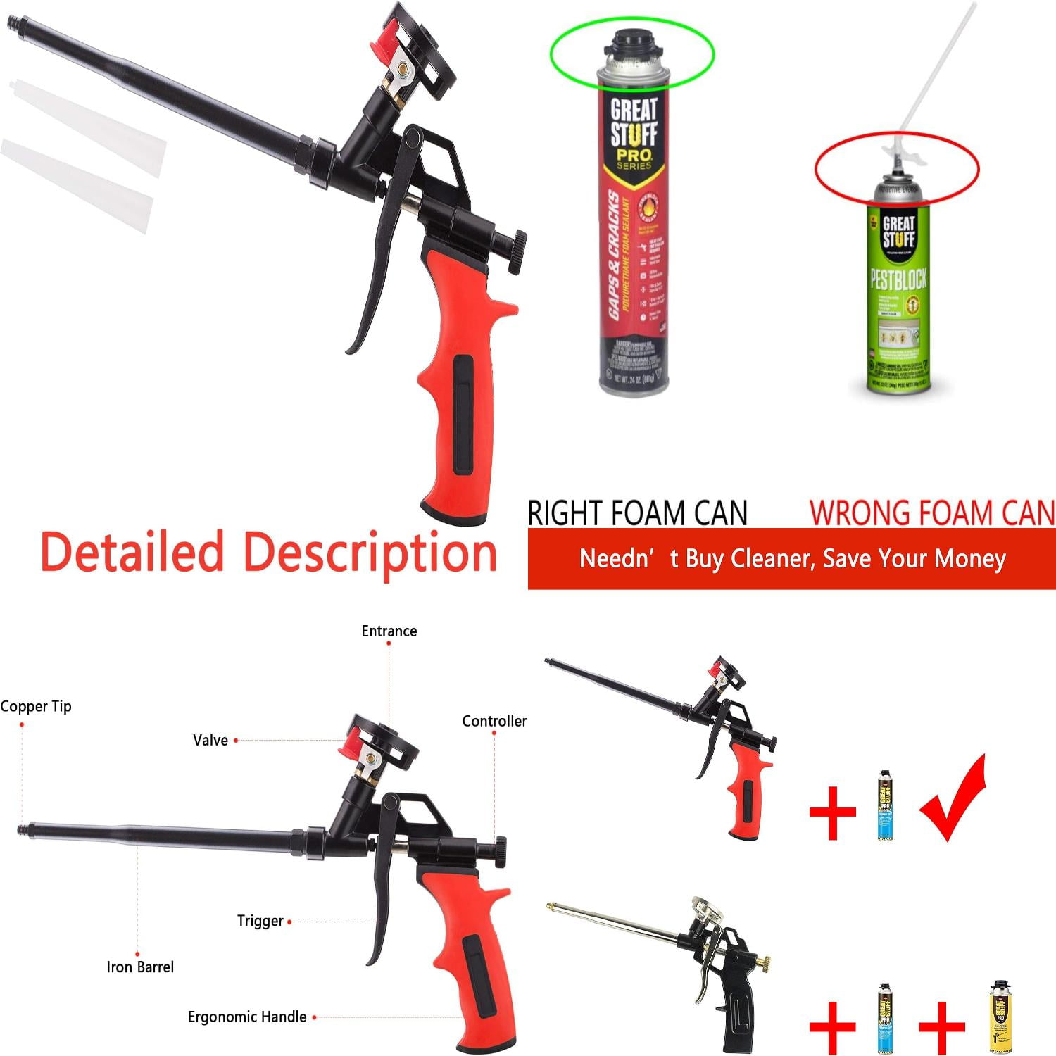 SocsPark Needn‘t Clean Foam Gun Pu Expanding Foaming Gun Upgrade Caulking Gun Heavy Duty Spray