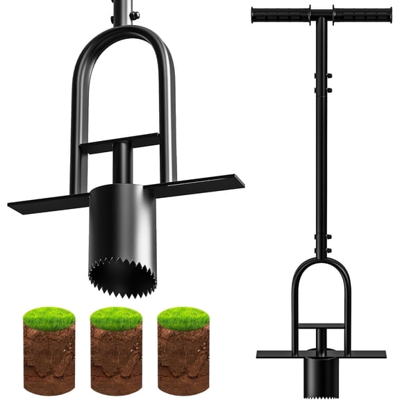 Sod Plugger Tool with Long Handle, Garden Grass Plugger Tool with Foot Ejector, Bulb Planter Serrations and Non-Slip Soft Grip Handle, for Digging Holes, Repair of Turf, Transplant Seedling