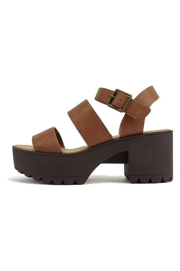 ACCOUNT Women's Open Toe Block Heel Platform Sandals with Adjustable Ankle Strap - Cognac - Size 8.5