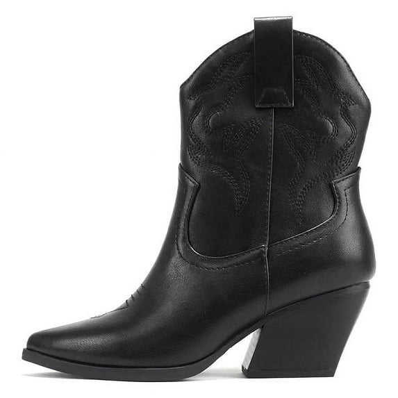 Soda “BLAZING” Women's Western Ankle Boots, Stitched, Pointed Toe, Low Heel - Black - Size 7
