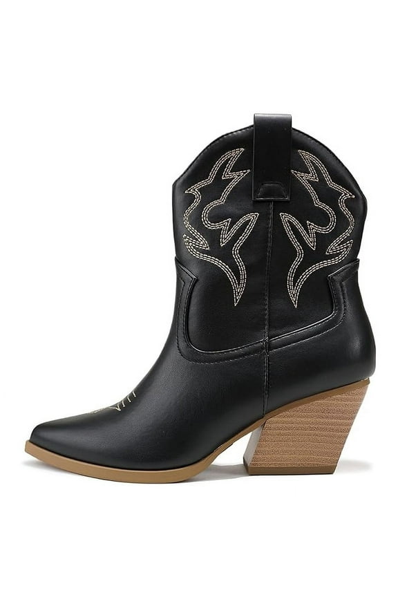 “BLAZING” Women's Western Ankle Boots, Stitched, Pointed Toe, Low Heel - Black with Brown Stitching - Size 6