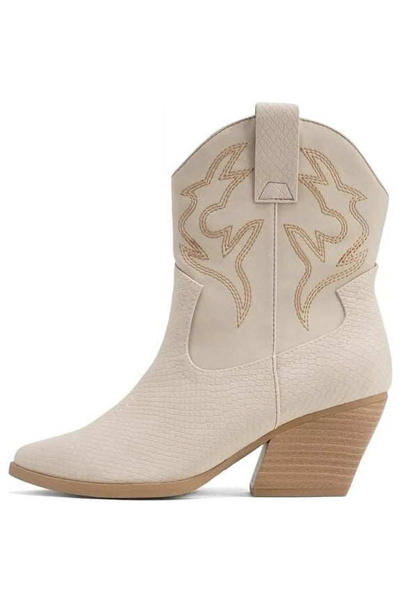 BLAZING Women's Western Ankle Boots, Stitched, Pointed Toe, Low Heel - Cobra Nude - Size 10